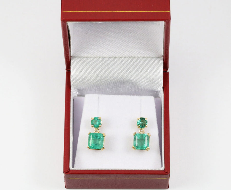 Natural Rich Green Emerald Asscher and Round Dangle Stud 14K 3.20 carat gift