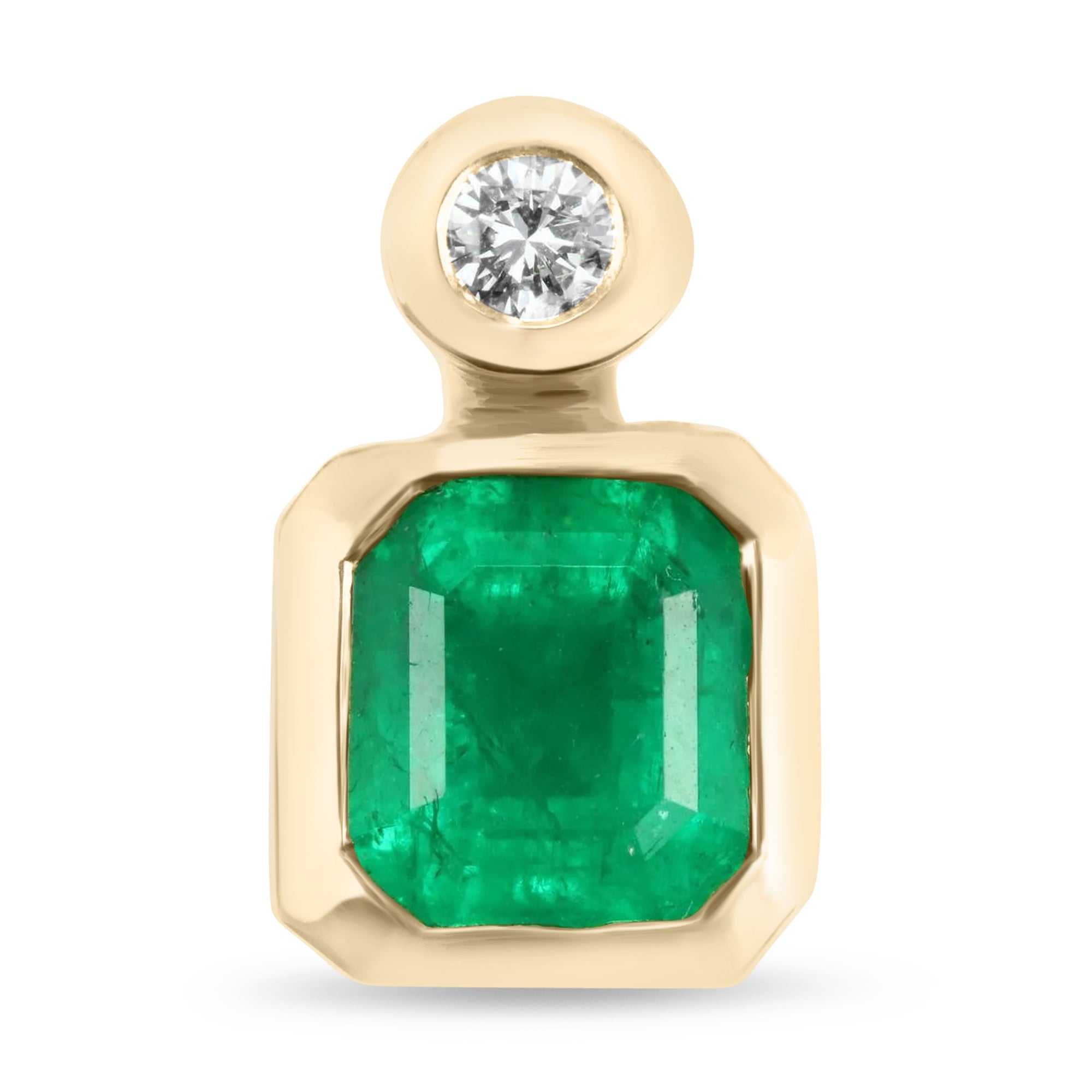 1.60tcw Bezel Square Rich Green Natural Emerald & Round Diamond Pendant 14K - JR Colombian Emeralds