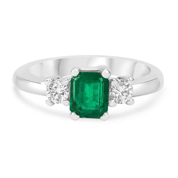 Captivating Trio: 1.40tcw Dark Green Emerald Cut Emerald & Diamond Three Stone Ring in 14K Gold