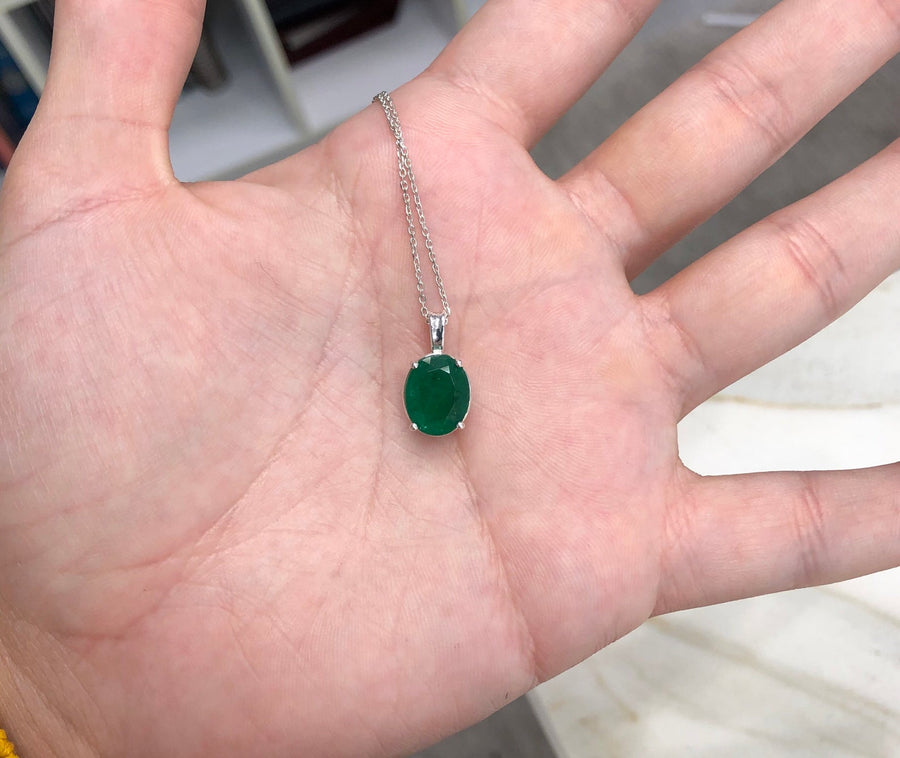 2.70 Carat Rich Dark Green Oval Emerald Sterling Silver Necklace 