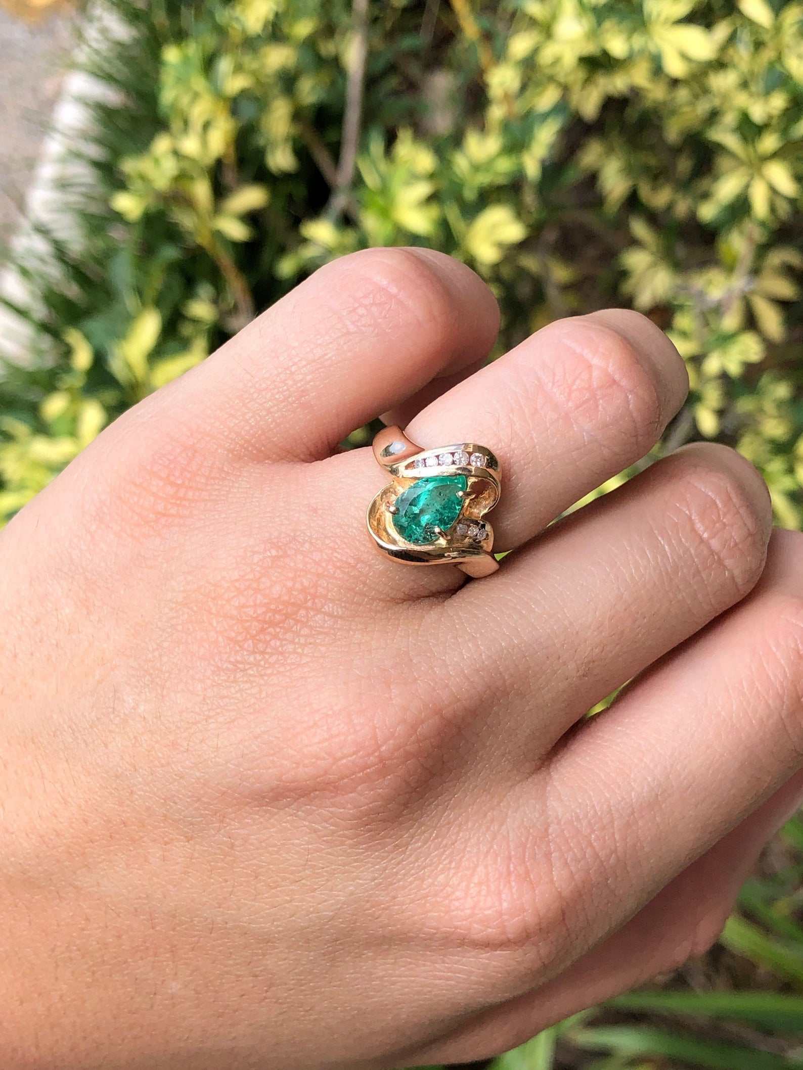 2.02tcw Teardrop Colombian Emerald & Channel Diamond Ring Right Hand Ring 14K