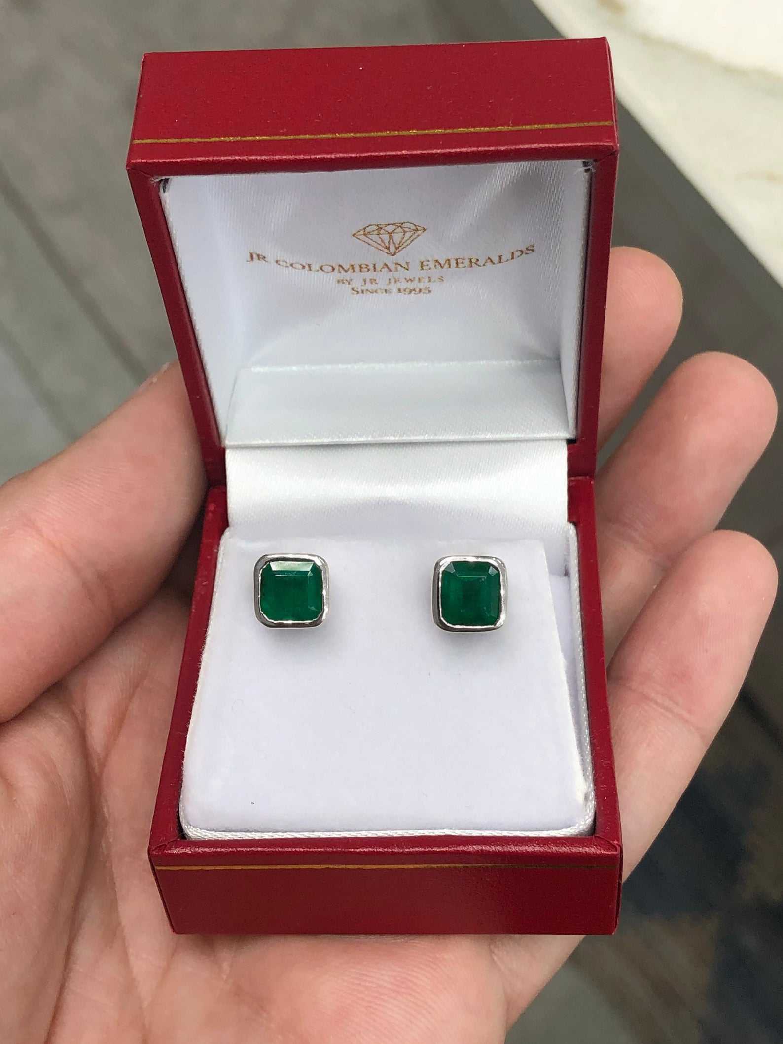 2.20tcw Asscher Cut Natural Emerald Dark Green Bezel Set Earrings 14K - JR Colombian Emeralds