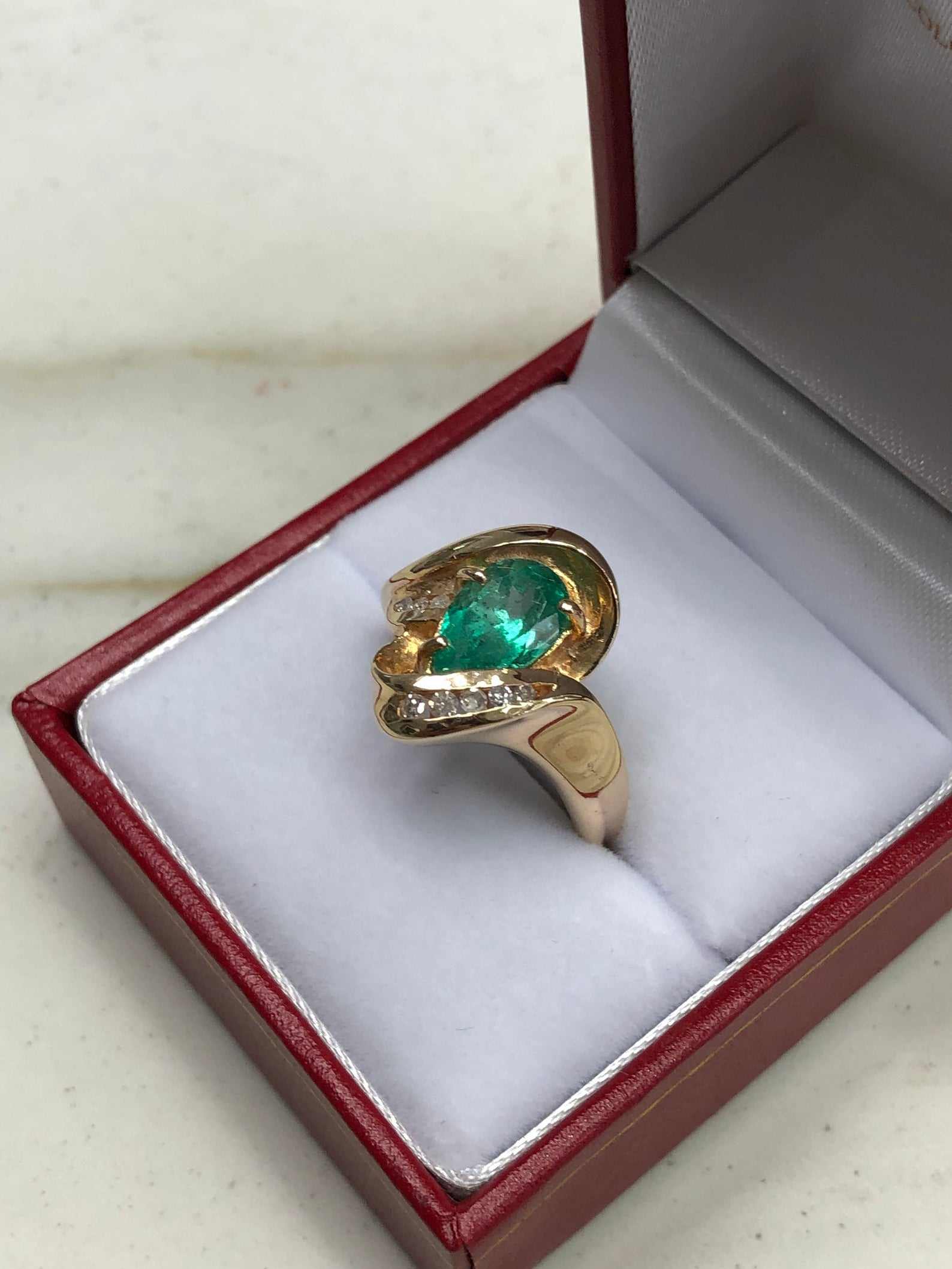 2.02tcw Teardrop Colombian Emerald & Channel Diamond Ring Right Hand Ring 14K