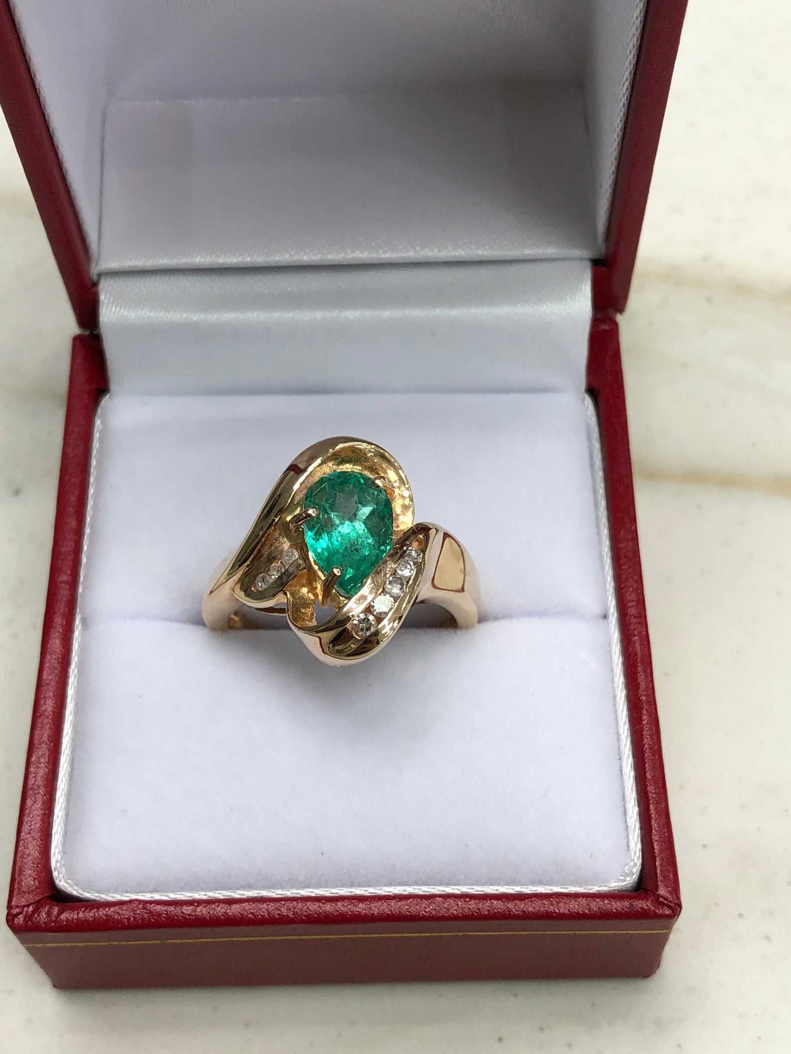 2.02tcw Teardrop Colombian Emerald & Channel Diamond Ring Right Hand Ring 14K