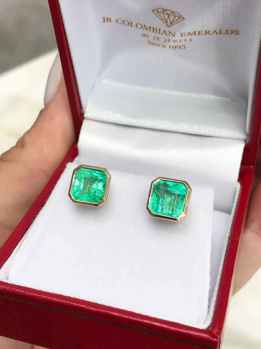 Large Statement Size 5 Carat Square Cut Colombian emerald Bezel Stud earrings 18K