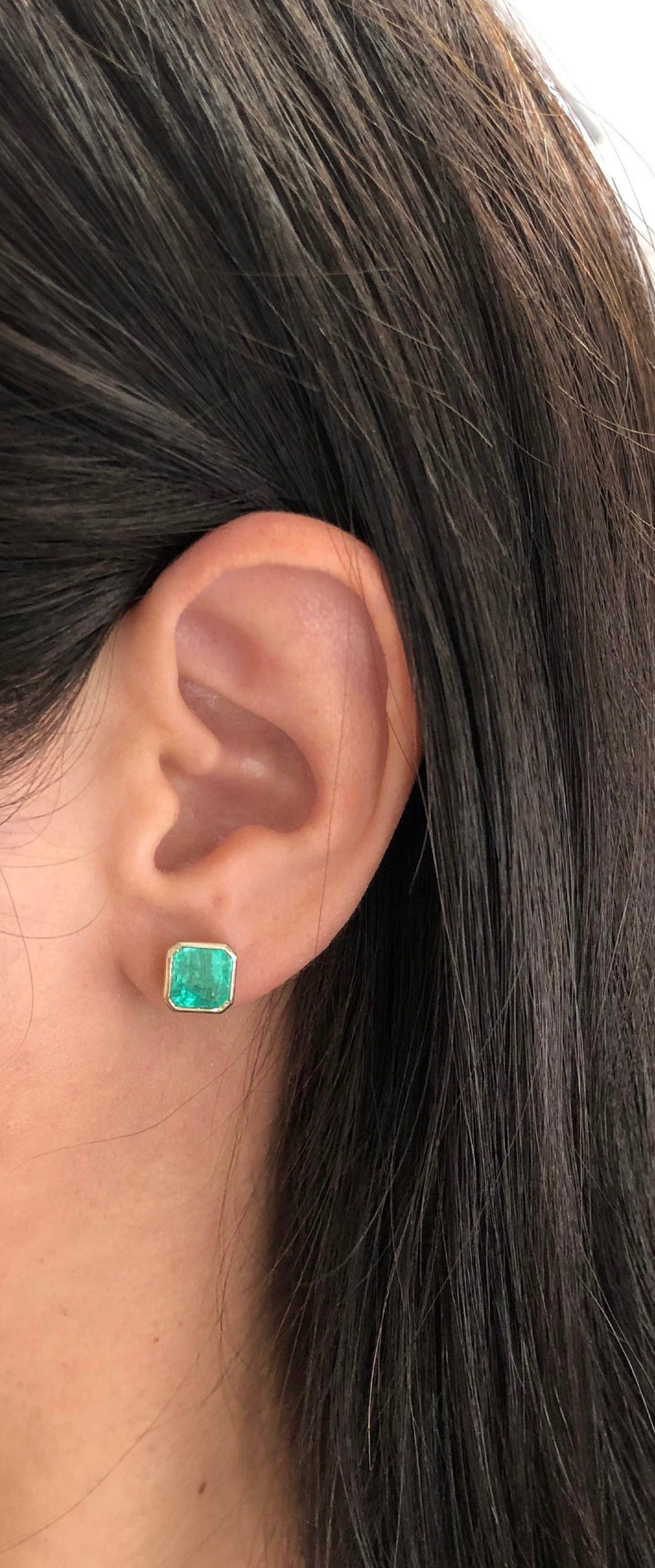 Large Statement Size 5 Carat Asscher Cut Colombian emerald Bezel Stud earrings 18K on ear
