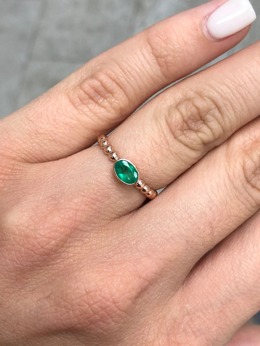 Oval Emerald Solitaire Beaded Ring 14K