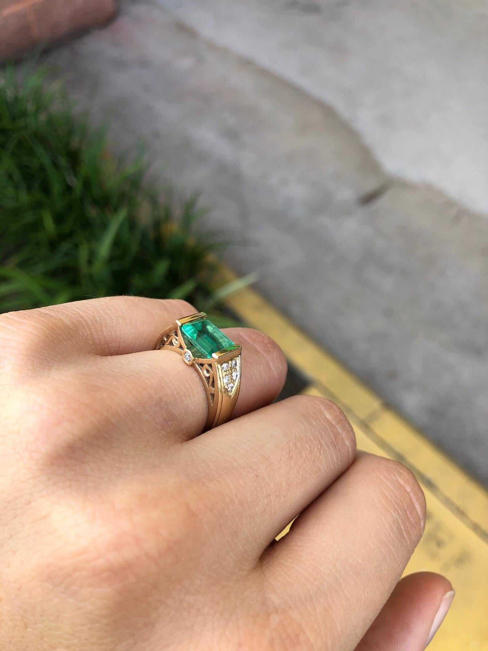 2.60tcw Tension Set East to West Vivid Emerald & Diamond Accent Right Hand Ring 14K