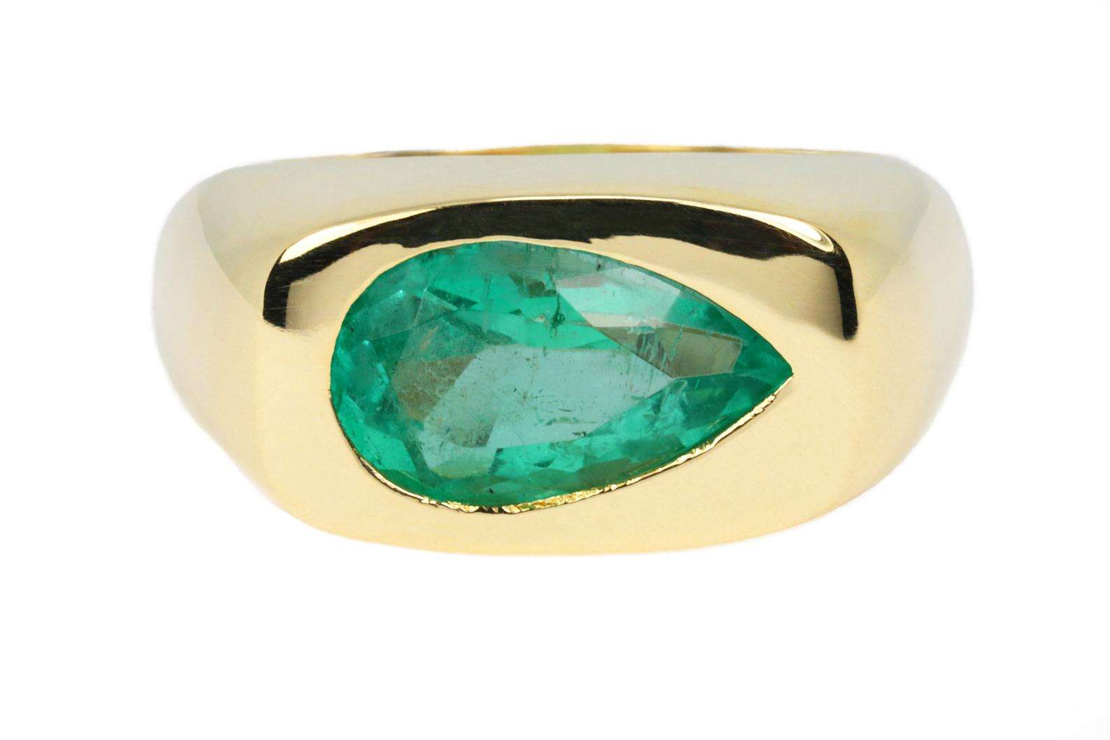 1.90 carat bezel teardrop emerald ring in 14K yellow gold solitaire setting