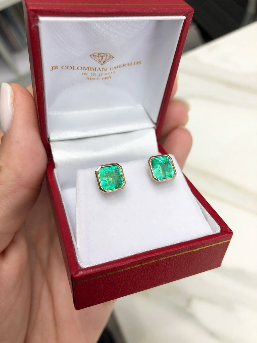 Large Statement Size 5 Carat Asscher Cut Colombian emerald Bezel Stud earrings 18K gift