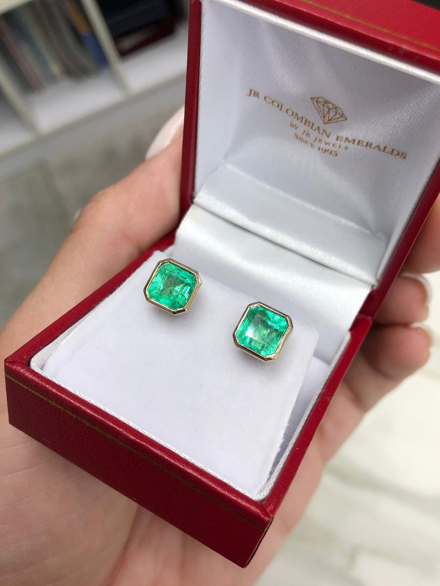 Jumbo Statement Size 5 Carat Asscher Cut Colombian emerald Bezel Stud earrings 18K