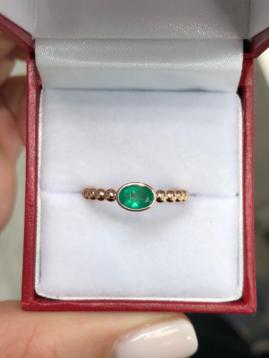 Bezel Set Oval Emerald Solitaire Beaded Ring
