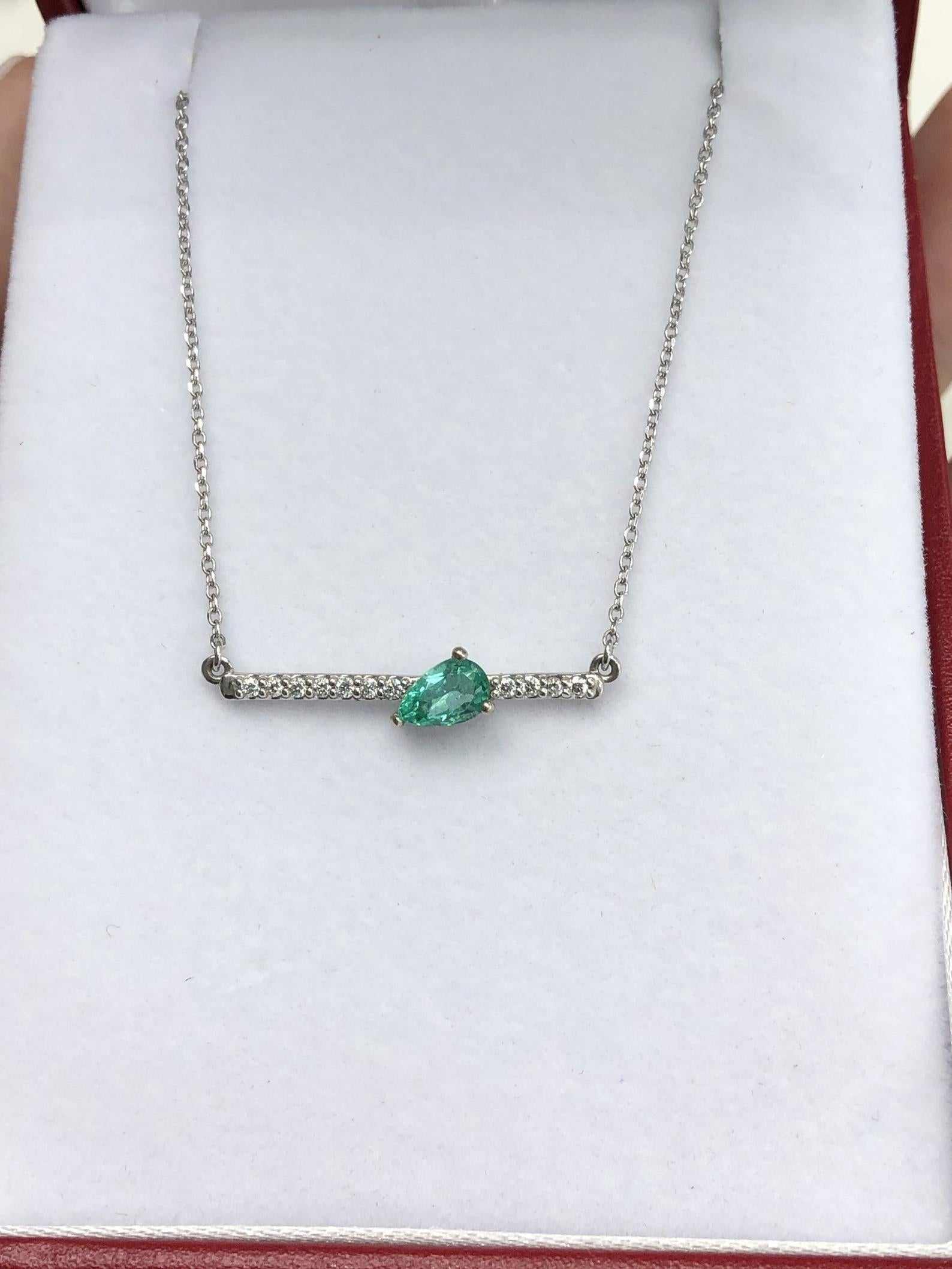 Natural Pear Cut Emerald & Accented Diamond Bar Necklace 14k