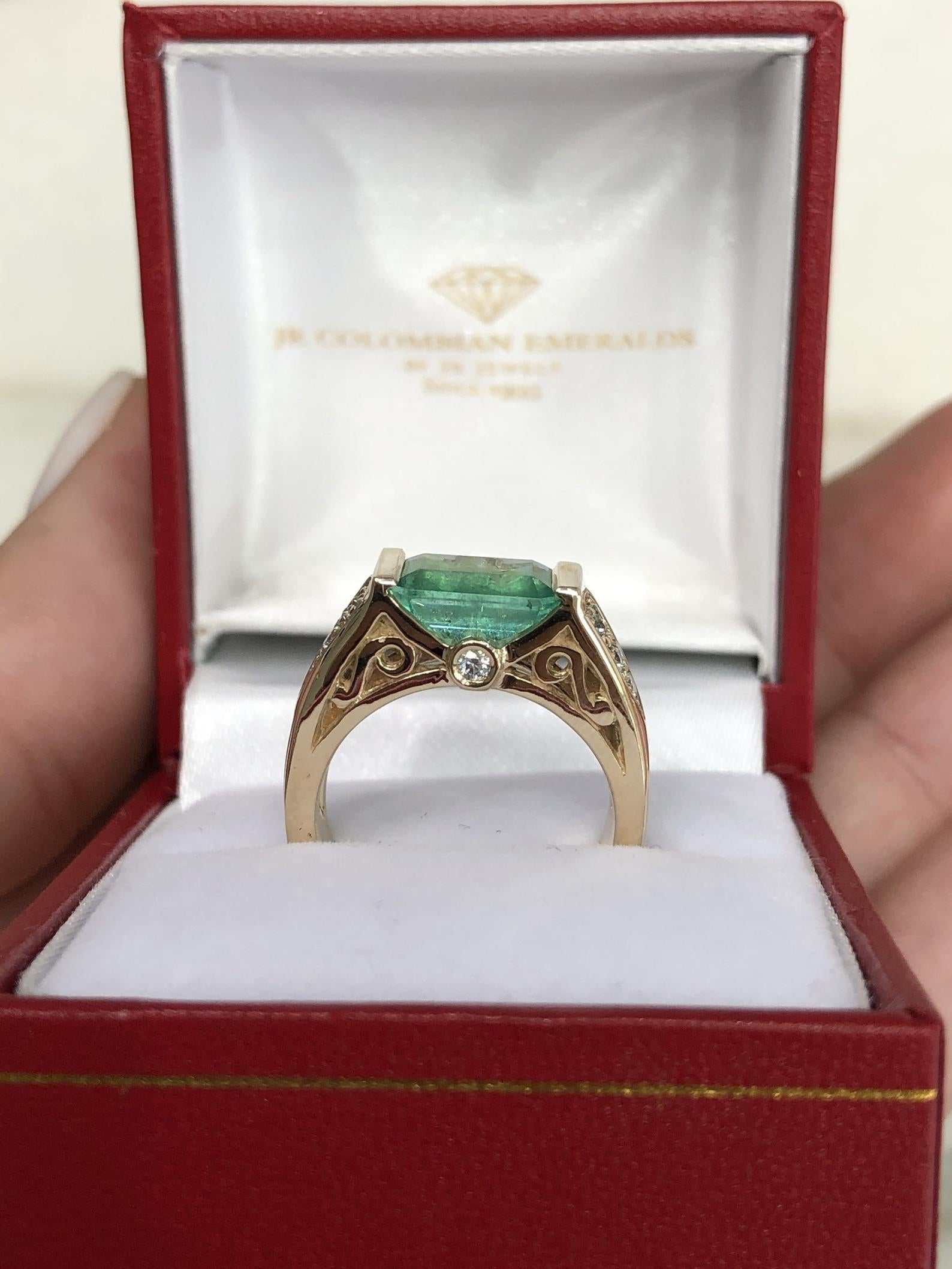 2.60tcw Tension Set East to West Vivid Emerald & Diamond Accent Right Hand Ring 14K