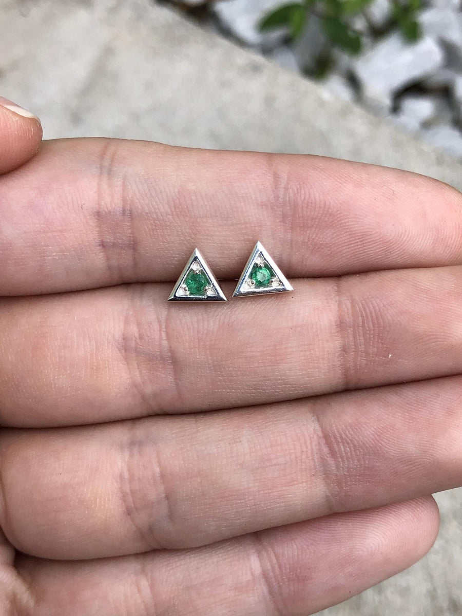 Triangle Emerald Stud Earrings Round Brilliant Cut