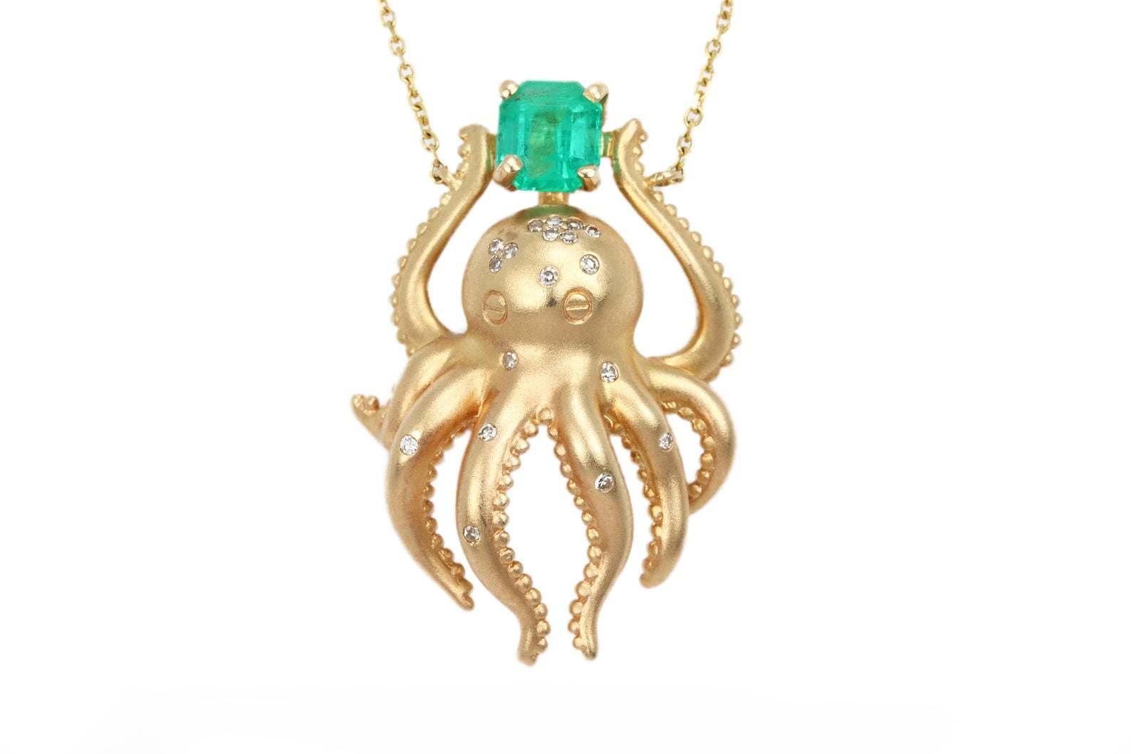 1.09tcw Natural Emerald & Diamond Octopus Necklace 14K