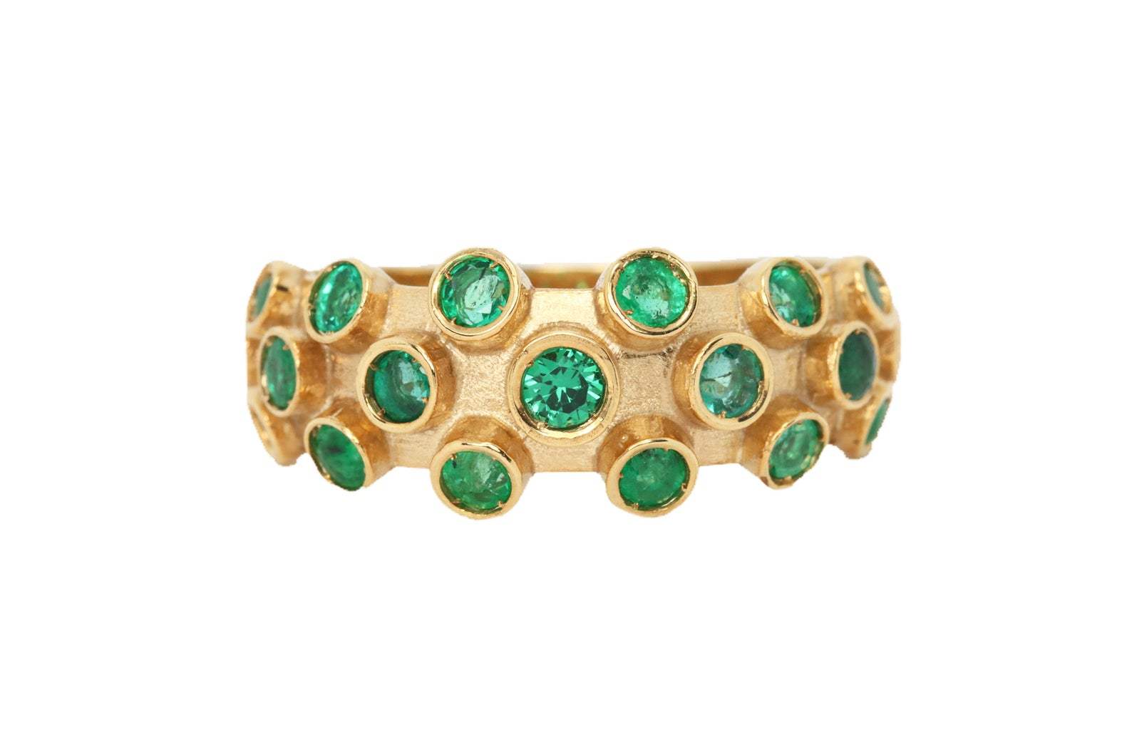 Zambian Emerald round bezel ring band with 19 round green emeralds set in 14K yellow gold cluster setting