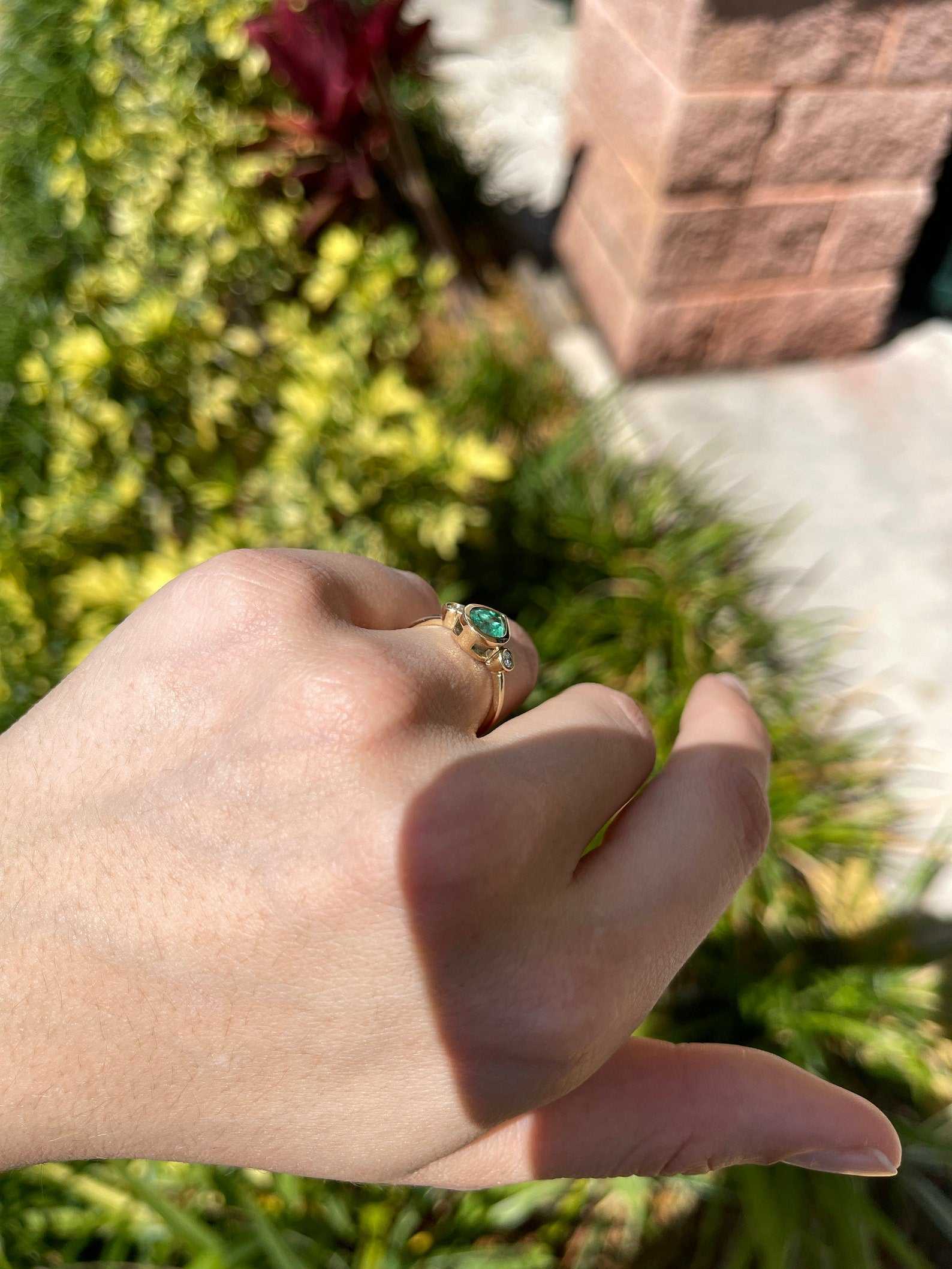 1.20tcw Bezel Set Tear Drop earth mined Emerald & Diamond Modern Three Stone Ring 14k