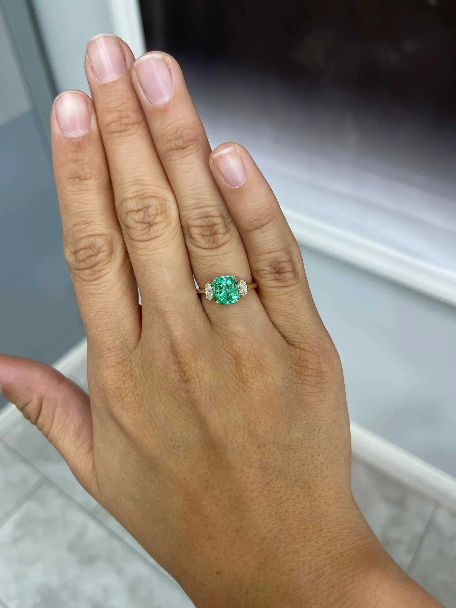 2.96tcw 18K Three Stone Asscher Emerald & Marquise Diamond Ring