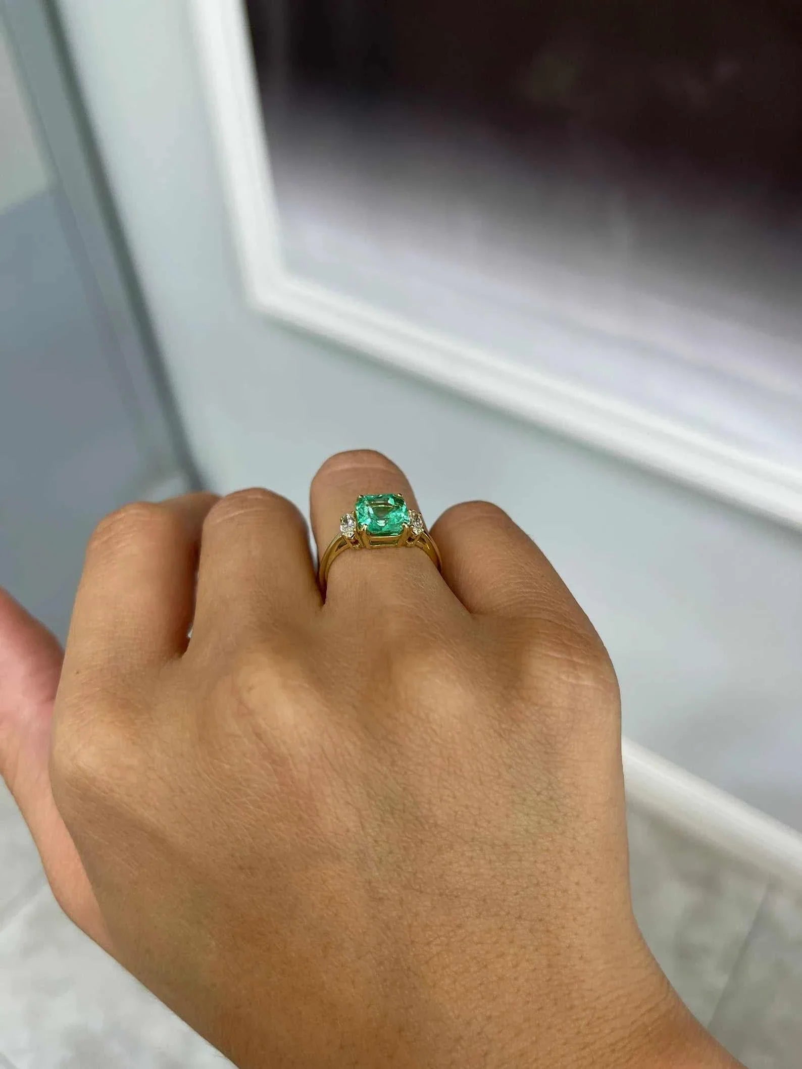 2.96tcw 18K Three Stone Asscher Emerald & Marquise Diamond Ring
