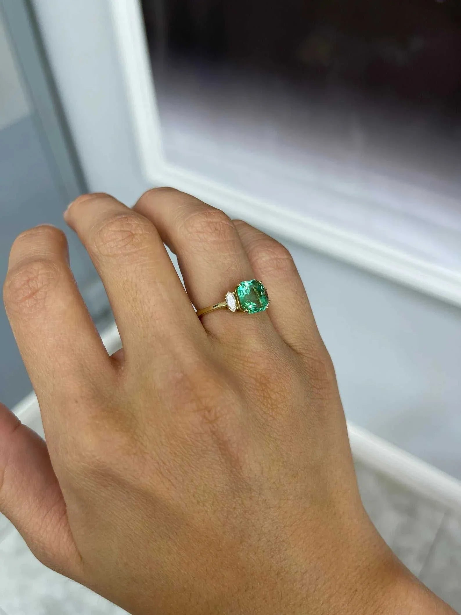 2.96tcw 18K Three Stone Asscher Emerald & Marquise Diamond Ring