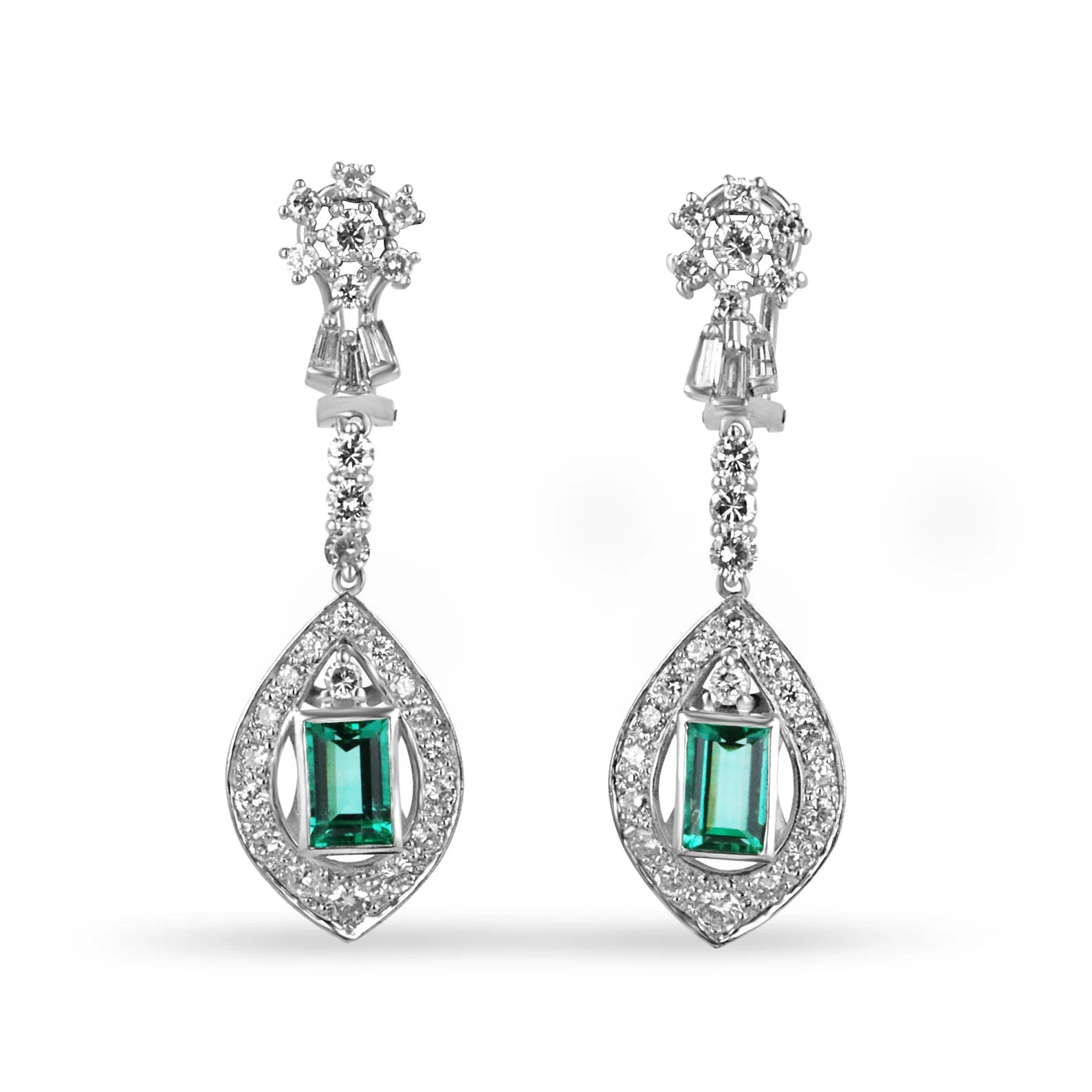 Colombian Emerald Earrings, Oval cut Emerald Earrings in 18k White