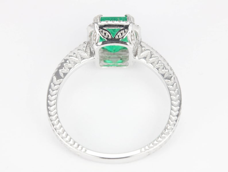 Exquisite 1.35tcw Medium Green Emerald Pave Halo Engagement Ring - Elegant 14K Setting
