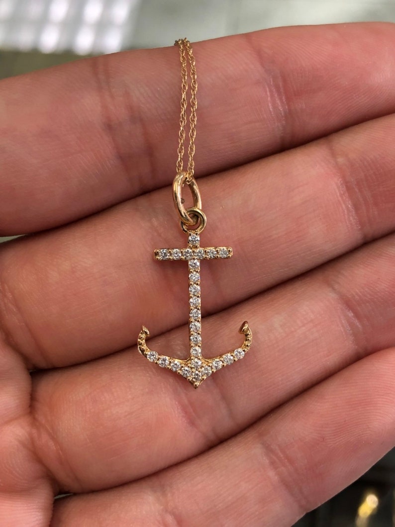 14K Natural Diamond Brilliant Round Anchor Necklace