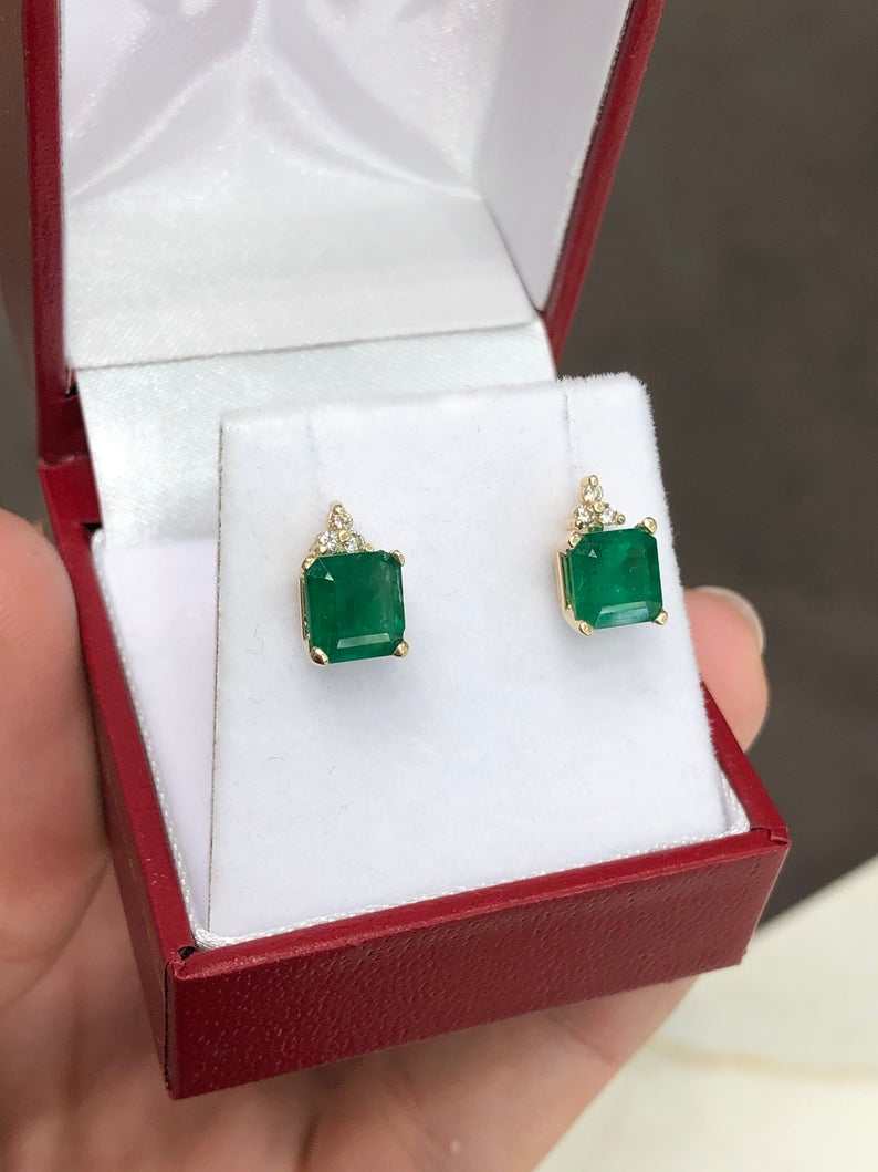 2.92tcw Asscher Cut Real Dark Green Emerald & 3 Stone Diamond Accent Stud Earrings 14K