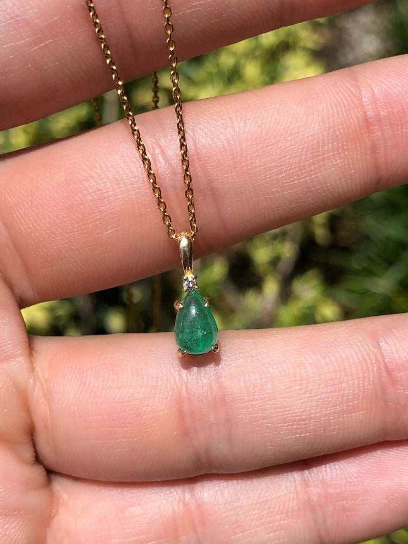 0.83tcw Cabochon Emerald Pear & Diamond Accent Pendant 14K