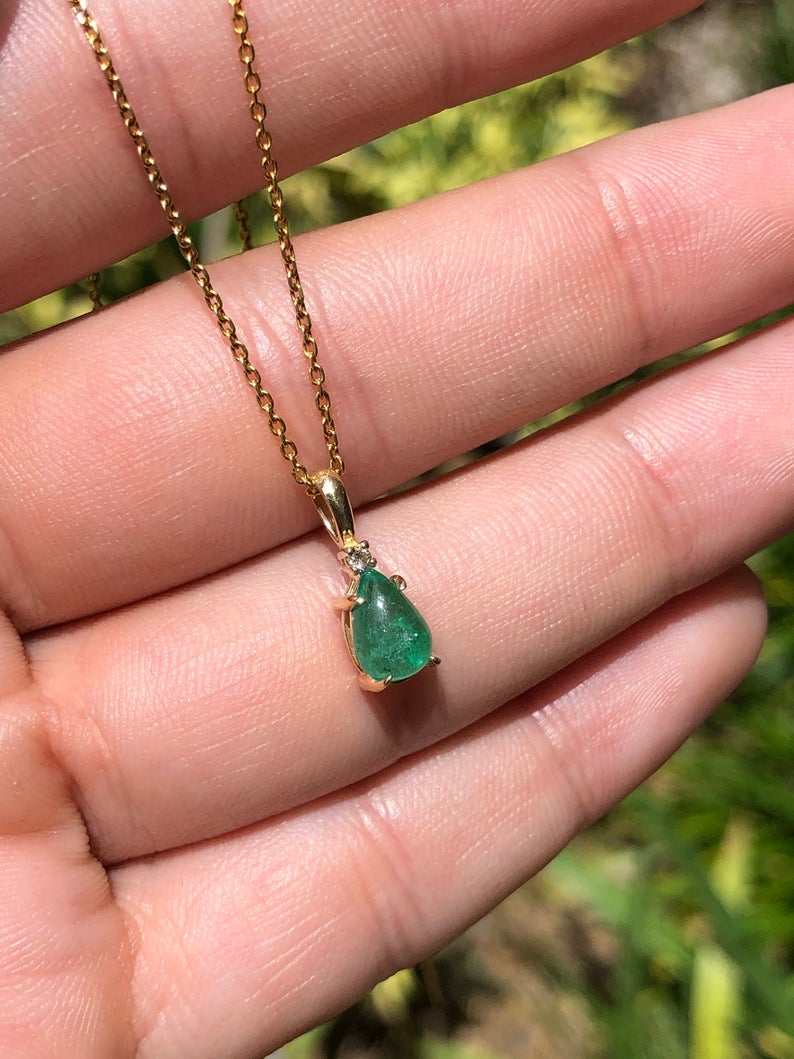 0.83tcw Cabochon Emerald Pear & Diamond Accent Pendant 14K