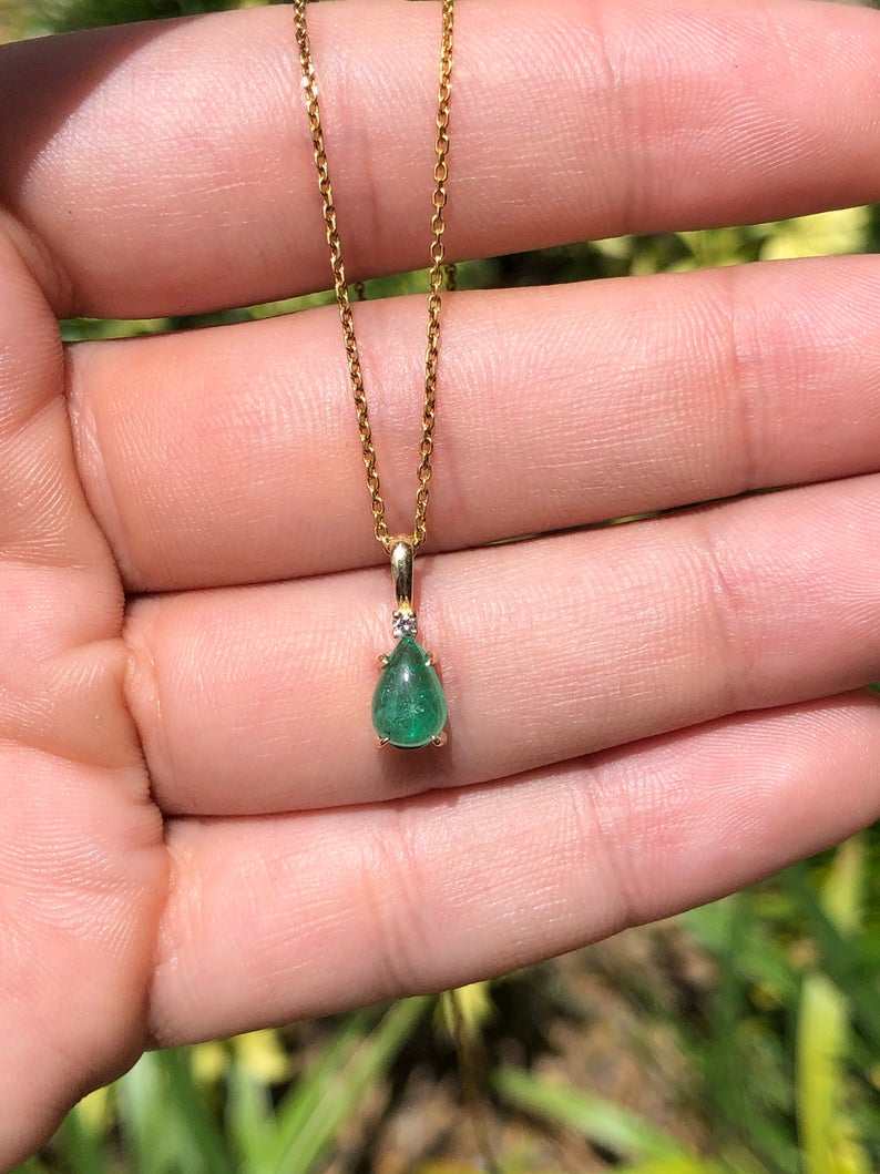 0.83tcw Cabochon Emerald Pear & Diamond Accent Pendant 14K