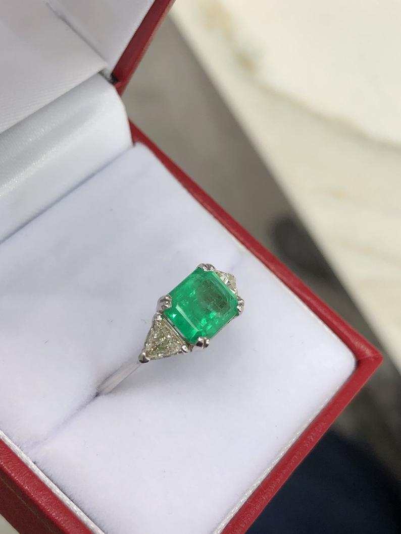 2.71tcw Three Stone Emerald Cut Colombian & Trillion Diamond East to West Ring