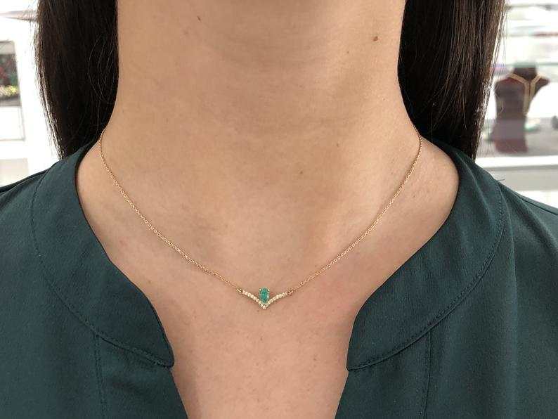 0.45tcw Natural Emerald Pear & Accented Diamond V Necklace 14K