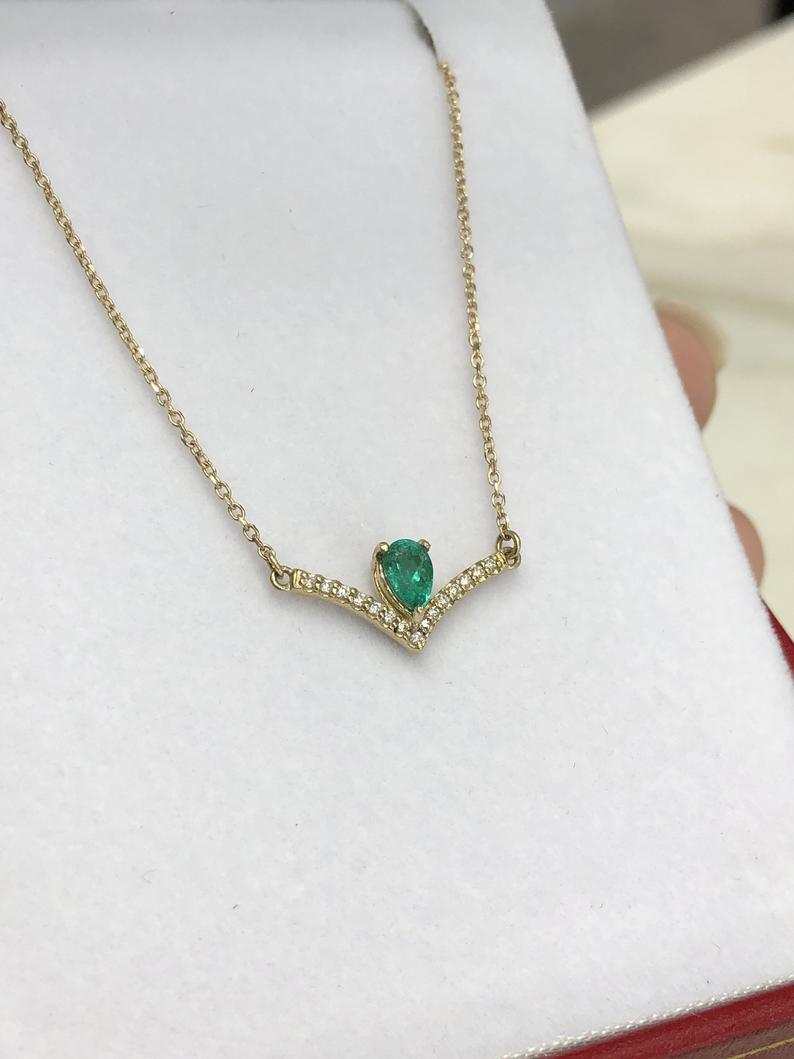 0.45tcw Natural Emerald Pear & Accented Diamond V Necklace 14K