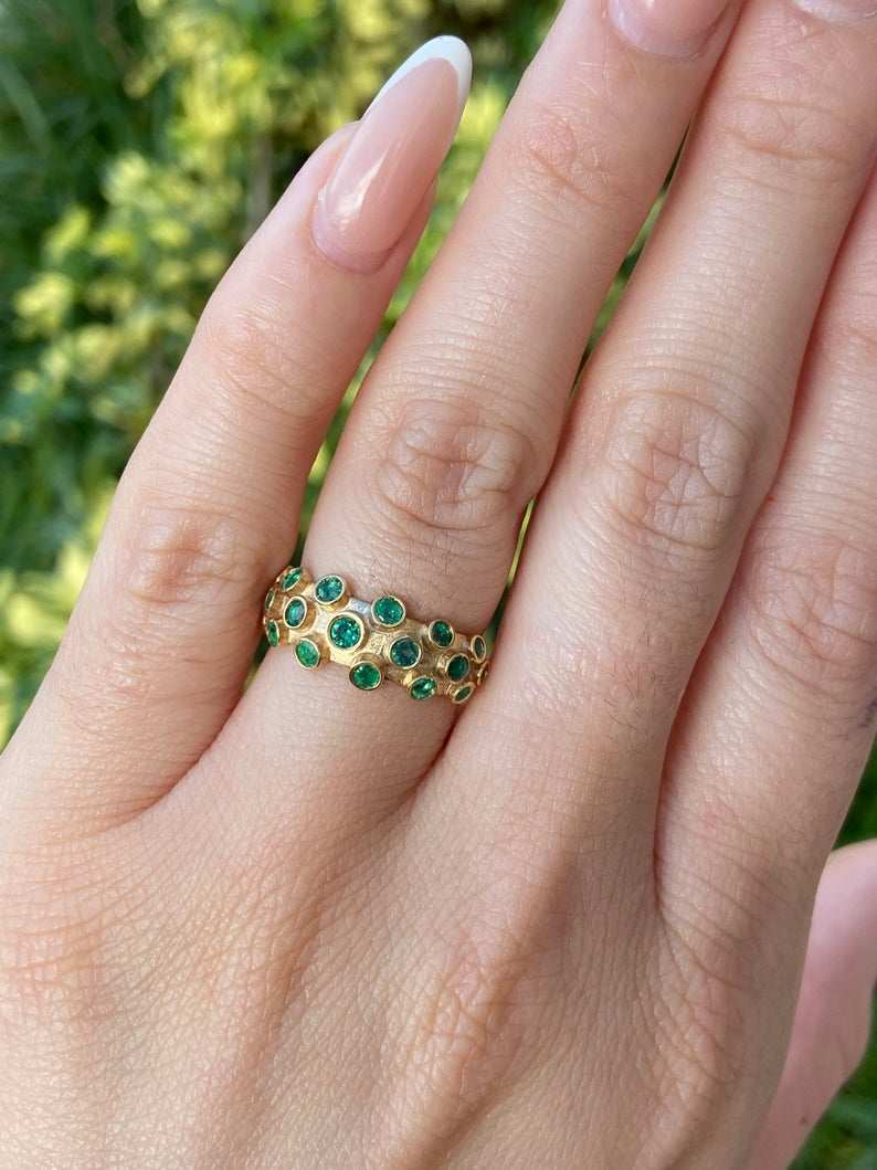 1.90tcw Cluster Round Emerald Bezel Band Ring Solid 14K