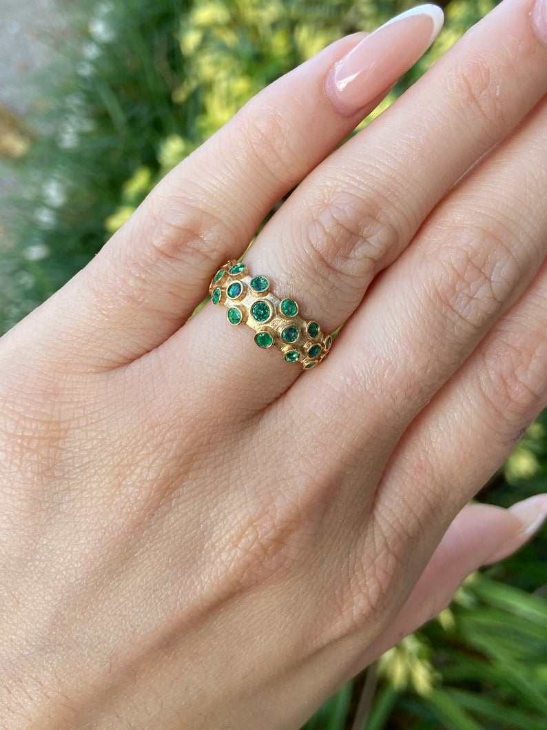 1.90tcw Cluster Round Emerald Bezel Band Ring Solid 14K Yellow Gold