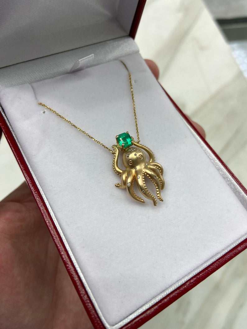 Natural Emerald & Diamond Octopus Necklace 14K