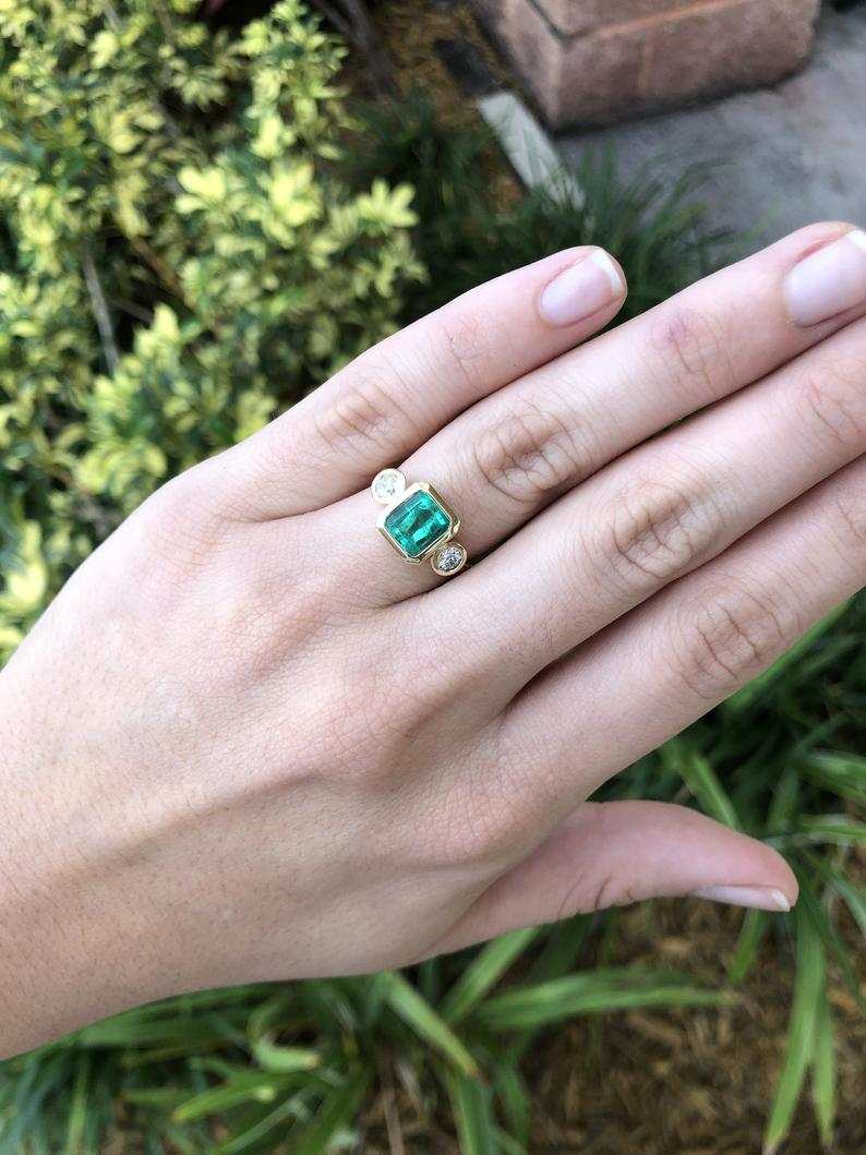 3.25tcw Three Stone Thick Bezel Set Emerald & Diamond Ring 14K