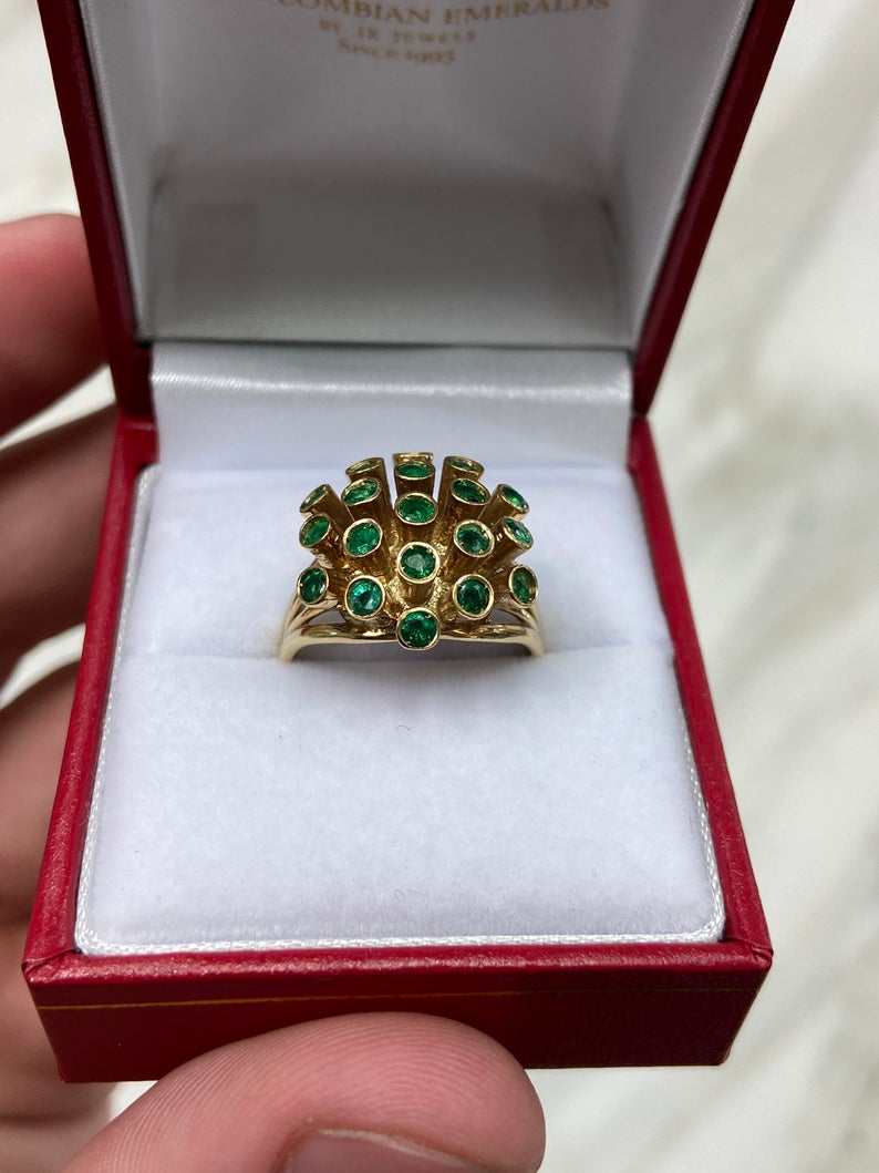 1.90tcw Round Emerald Cluster Cocktail Bezel Ring 14K