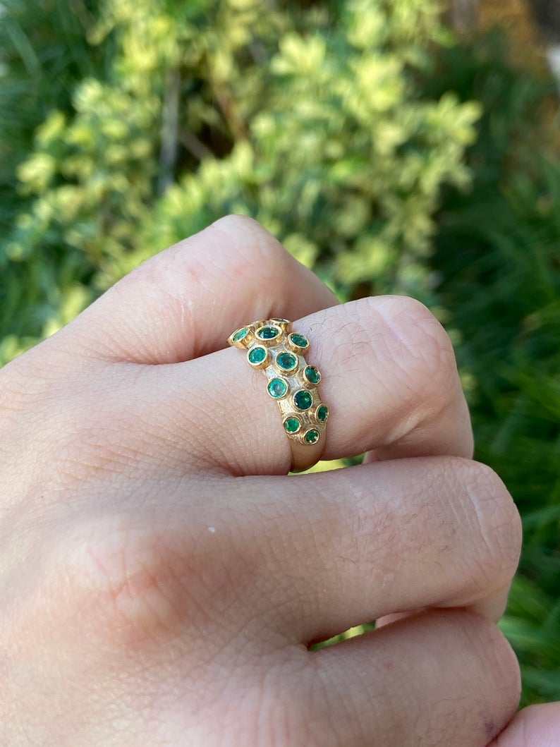 1.90tcw Cluster Round Emerald Bezel Band Womens Ring Solid 14K