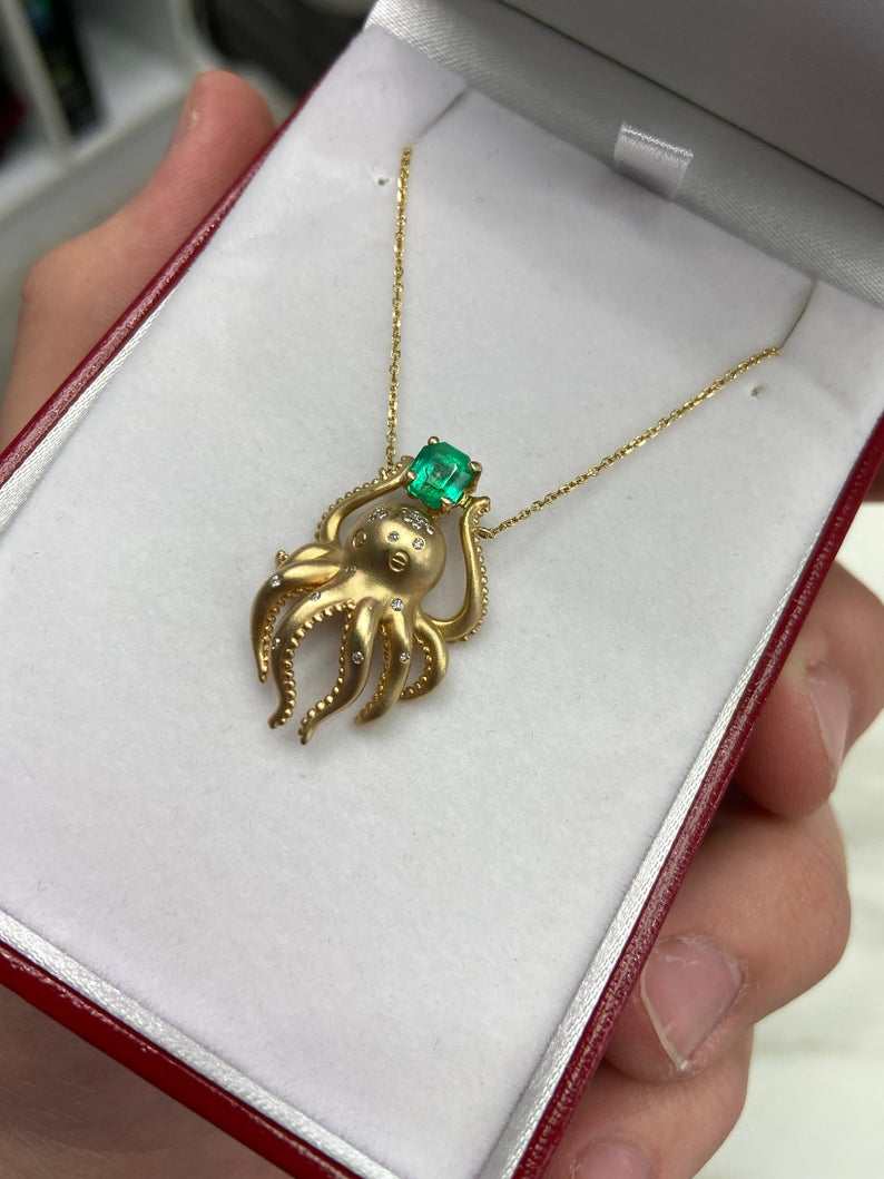 1.09tcw Natural Emerald & Diamond Octopus Necklace 14K
