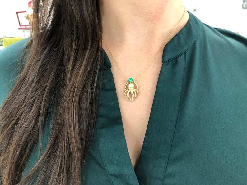1.09tcw Natural Emerald & Diamond Octopus Necklace 14K