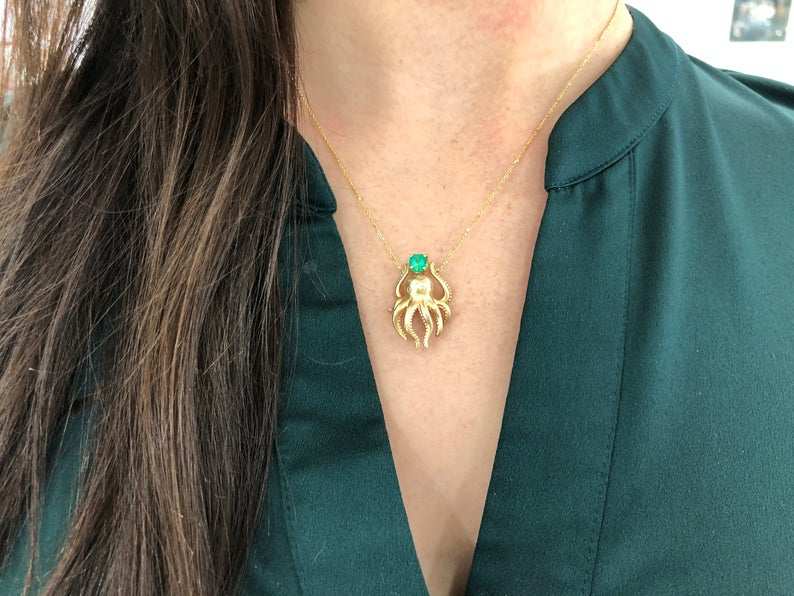 Natural Emerald & Diamond Octopus Necklace 14K