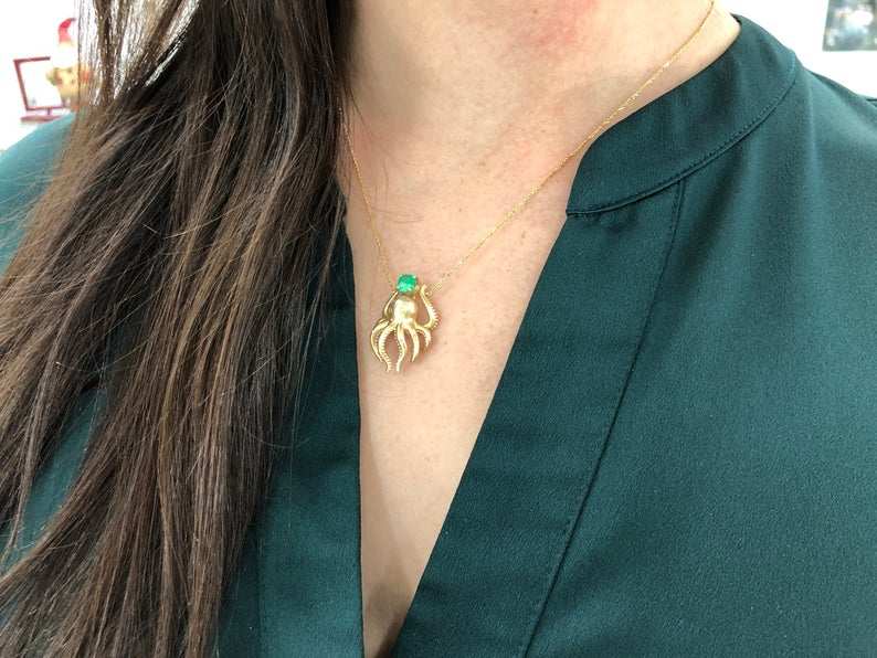 1.09tcw Natural Emerald & Diamond Octopus Necklace 14K