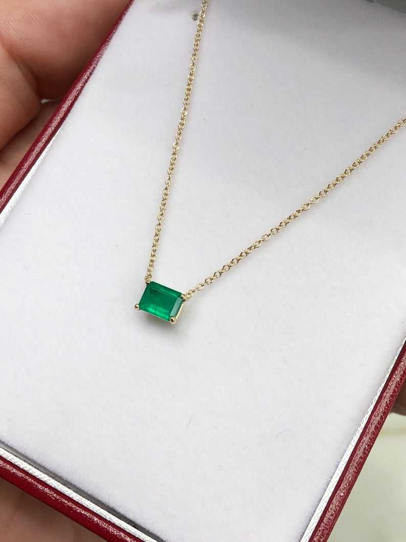 0.80 Carat Medium Dark Green Emerald Solitaire East to West Necklace 14K