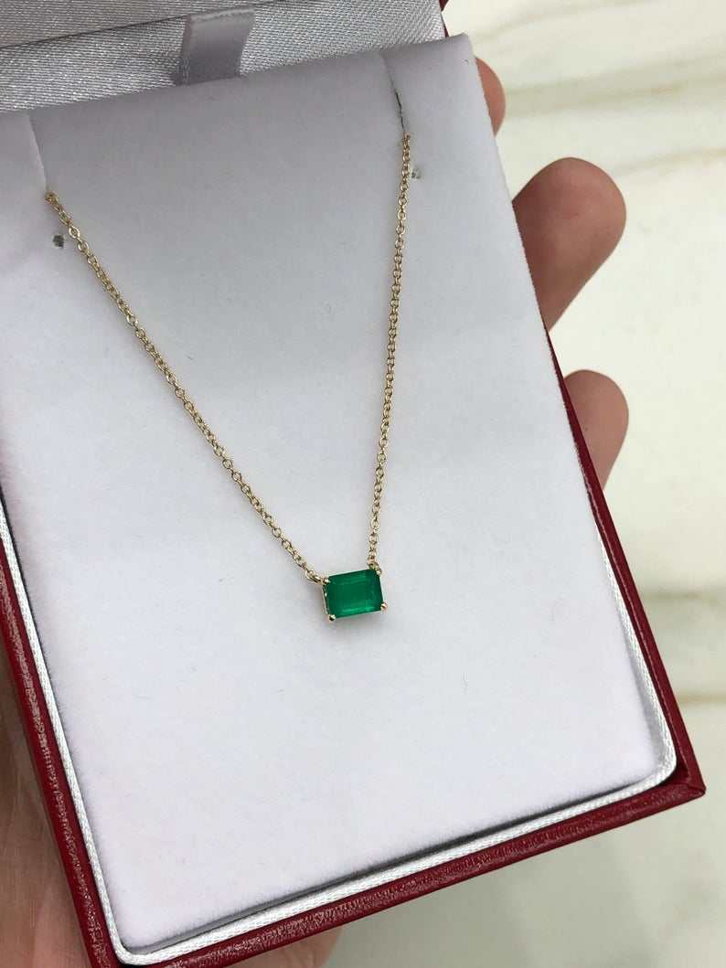 0.80 Carat Medium Dark Green Emerald Solitaire East to West Necklace 14K