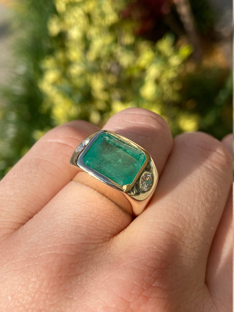 7.96tcw The HULK Three Stone Emerald & Round Diamond 18K signet vintage bezel ring