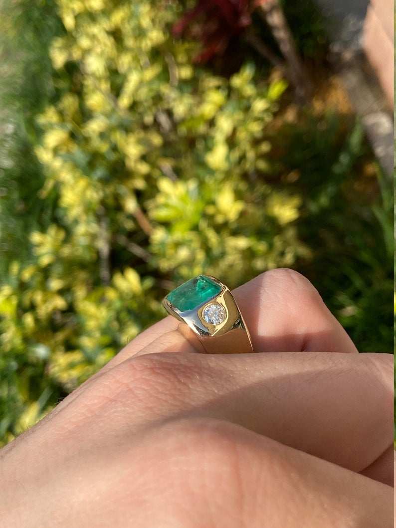 7.96tcw The HULK Three Stone Emerald & Round Diamond Large Gypsy Signet Ring 18K