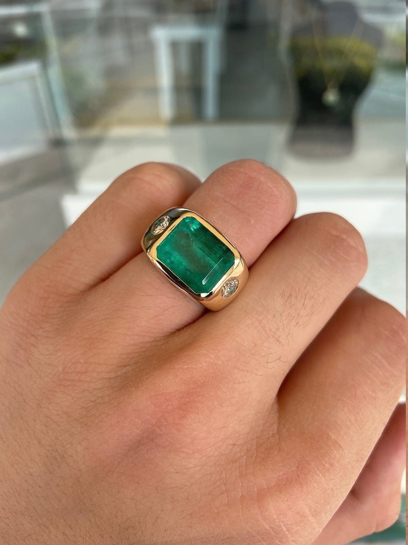 Big 7.96tcw The HULK Three Stone Deep Green Emerald & Round Diamond Gypsy Signet bezel Ring 18K 